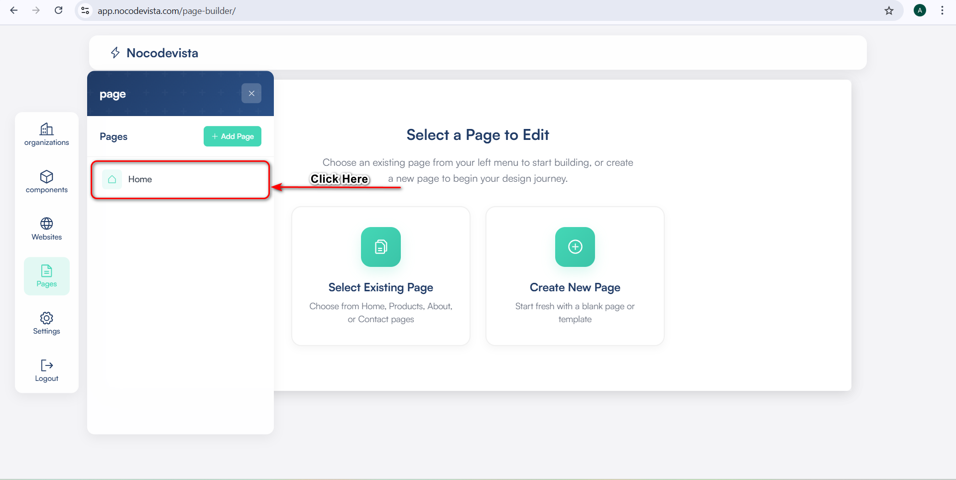 Selecting and opening an existing page from the left sidebar in Page Builder