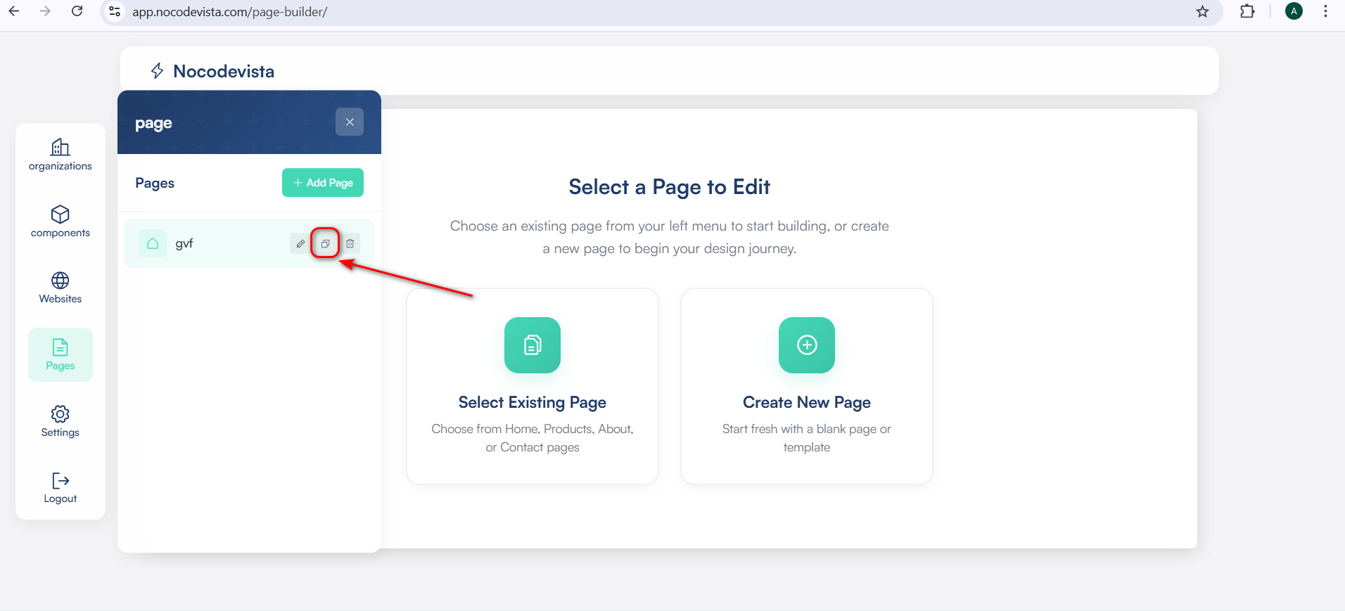 Click the Clone icon to duplicate your page