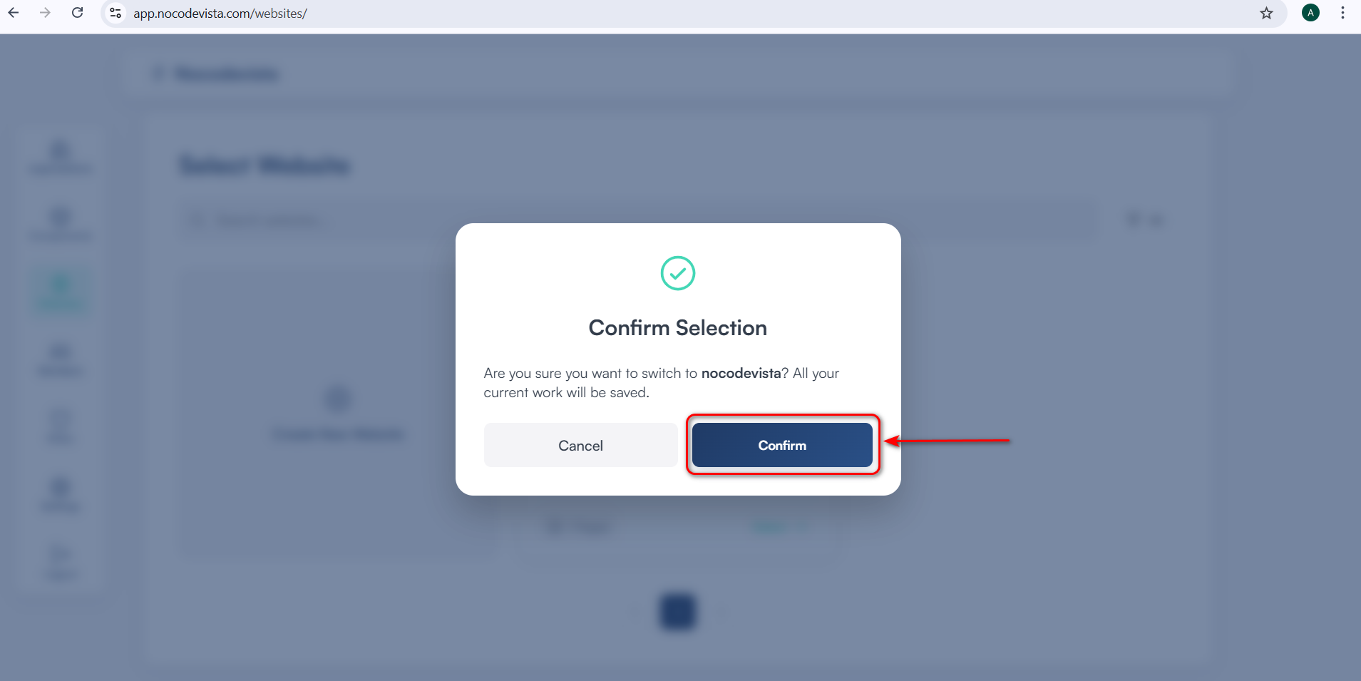 Confirm website selection modal
