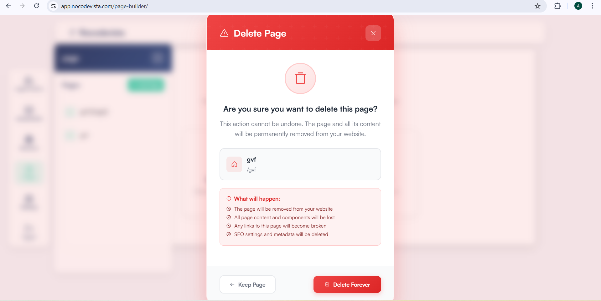 Confirm page deletion modal in NoCodeVista