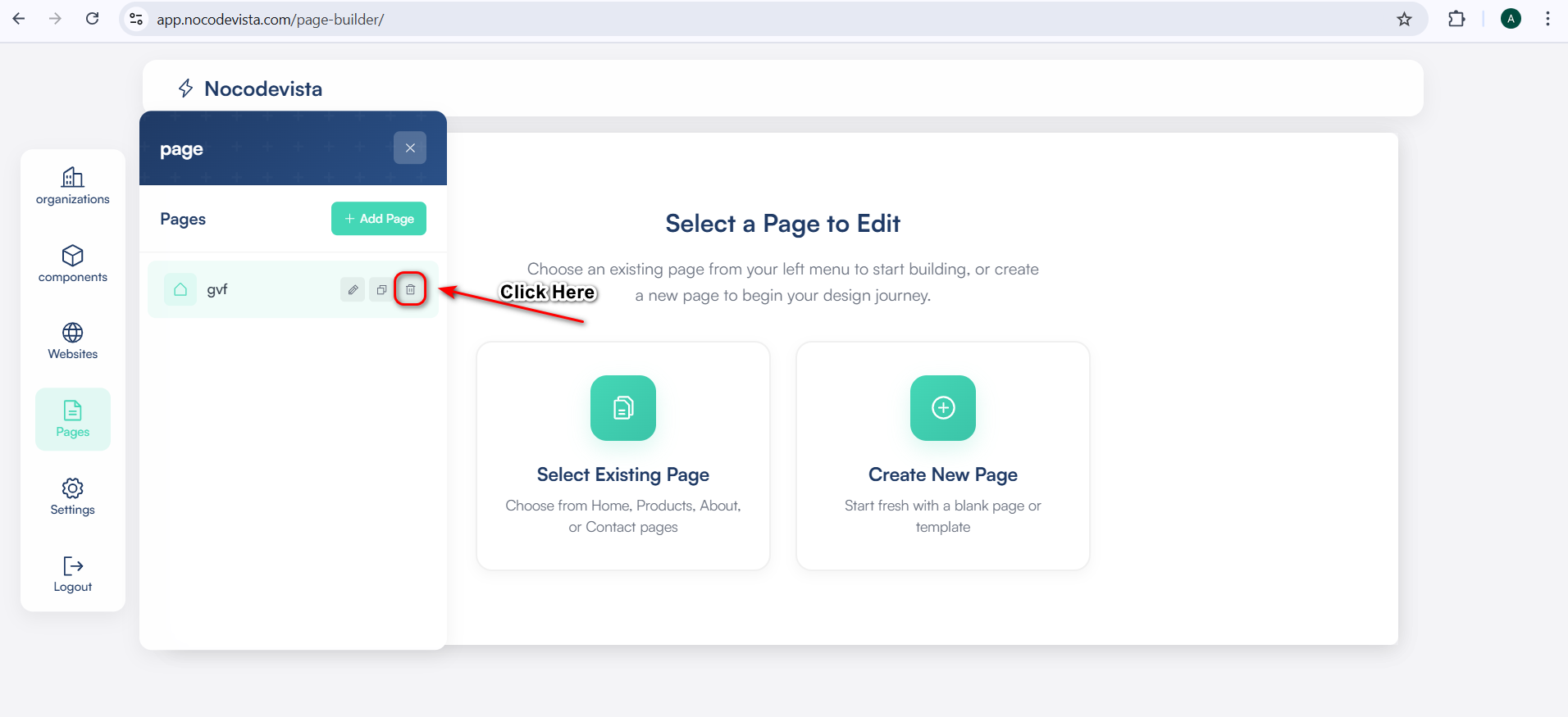 Click the Delete icon to remove a page in NoCodeVista