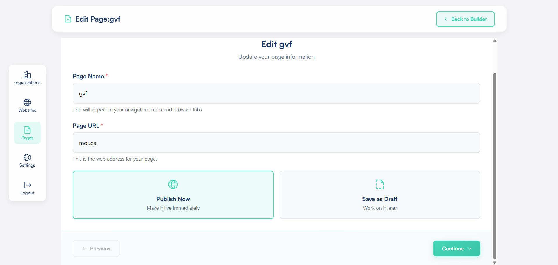 Edit Page redirection screen