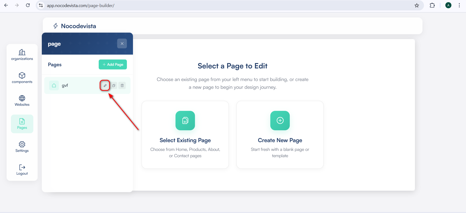 Edit page pencil icon click screen