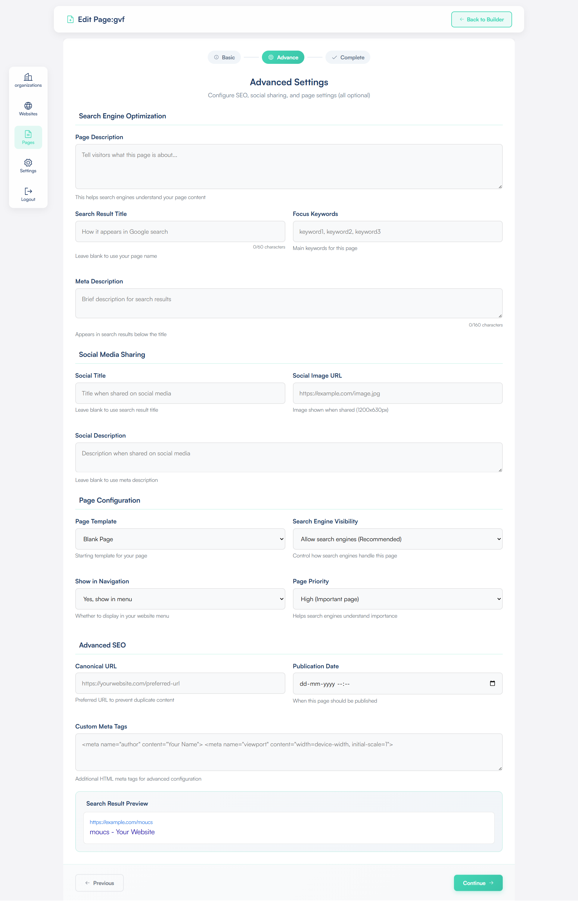 Edit Page Advance Settings screen