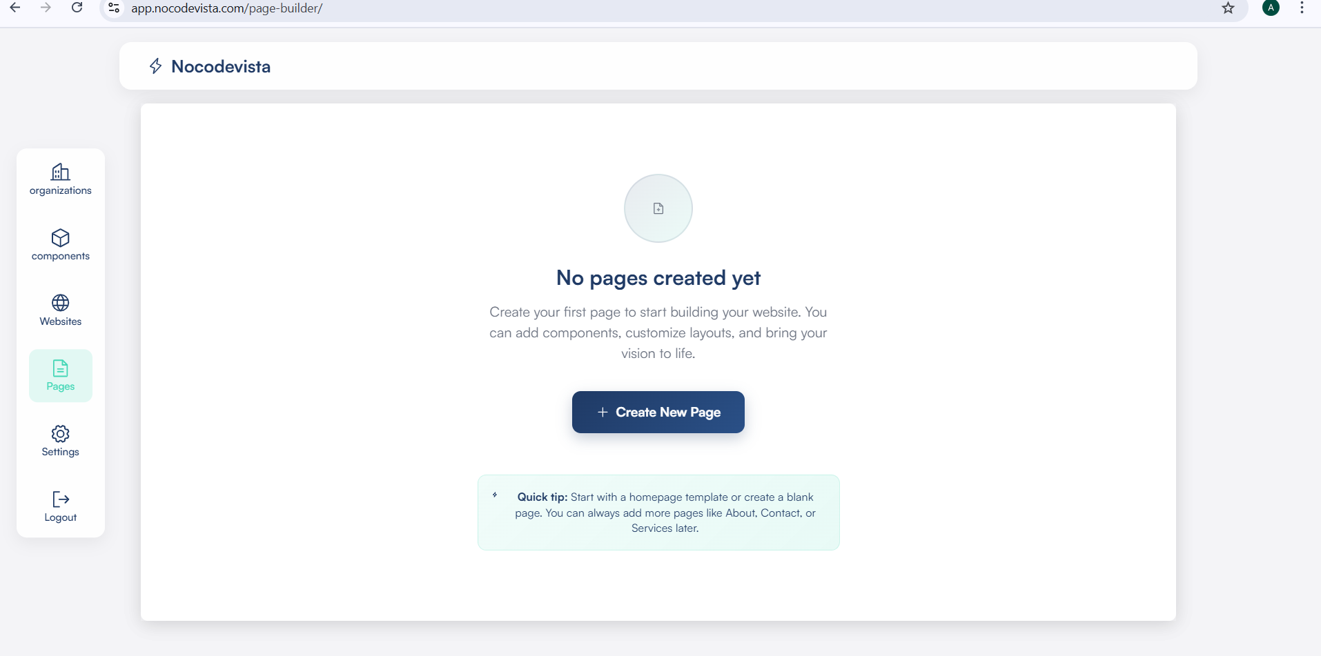 Page Builder showing empty workspace with Create New Page button for Others category