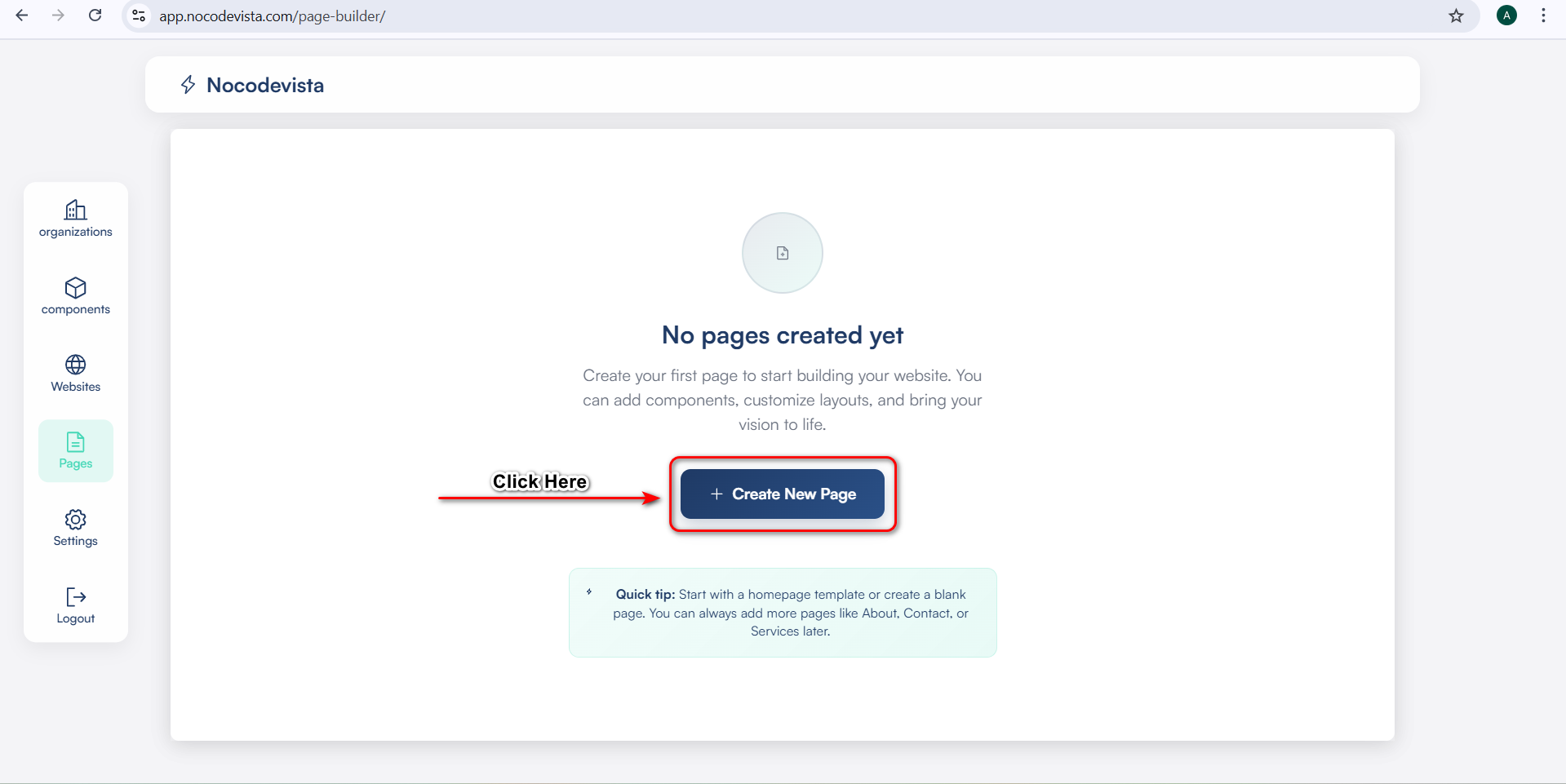 No page created yet screen