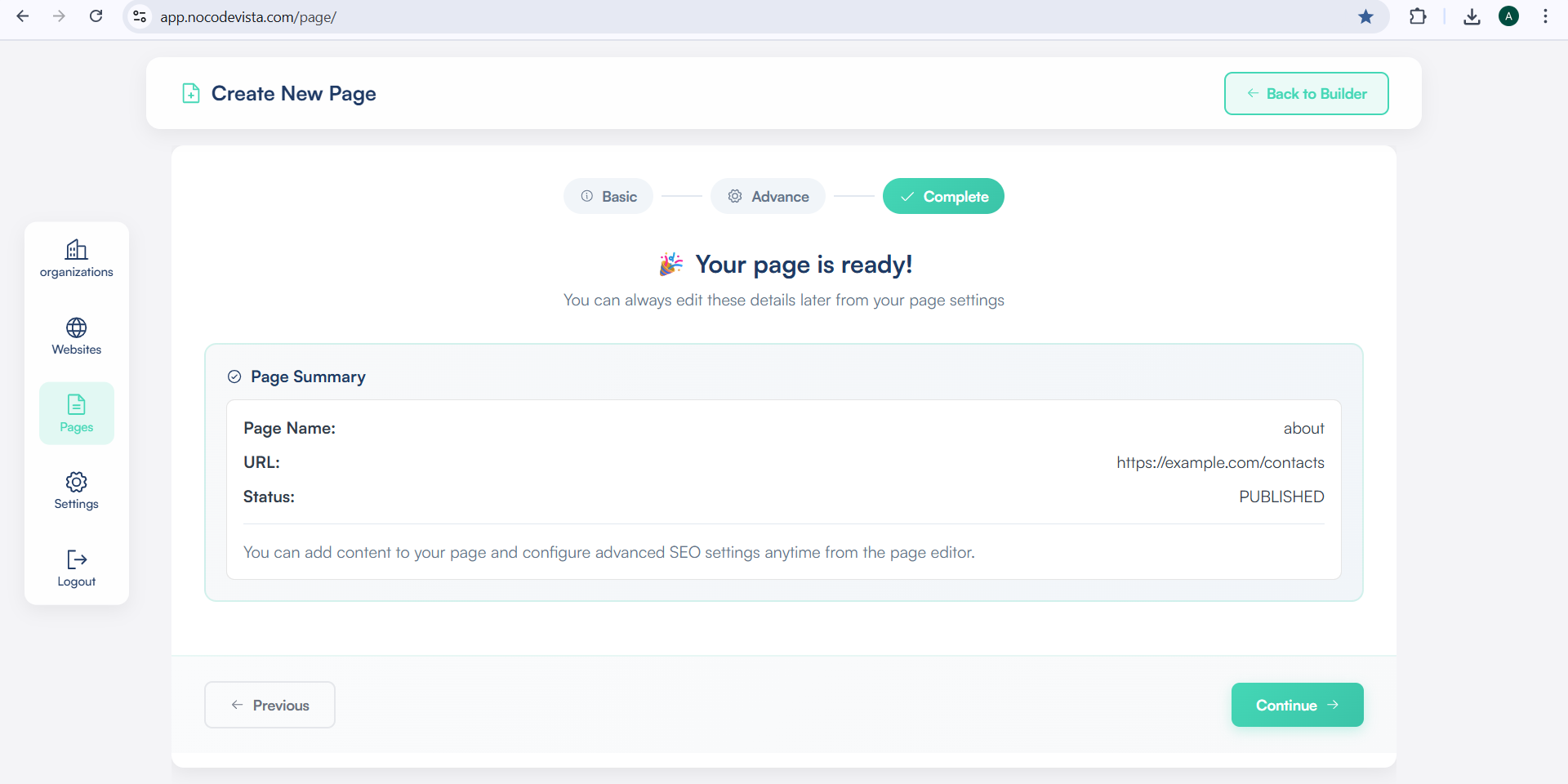 Page Published screen