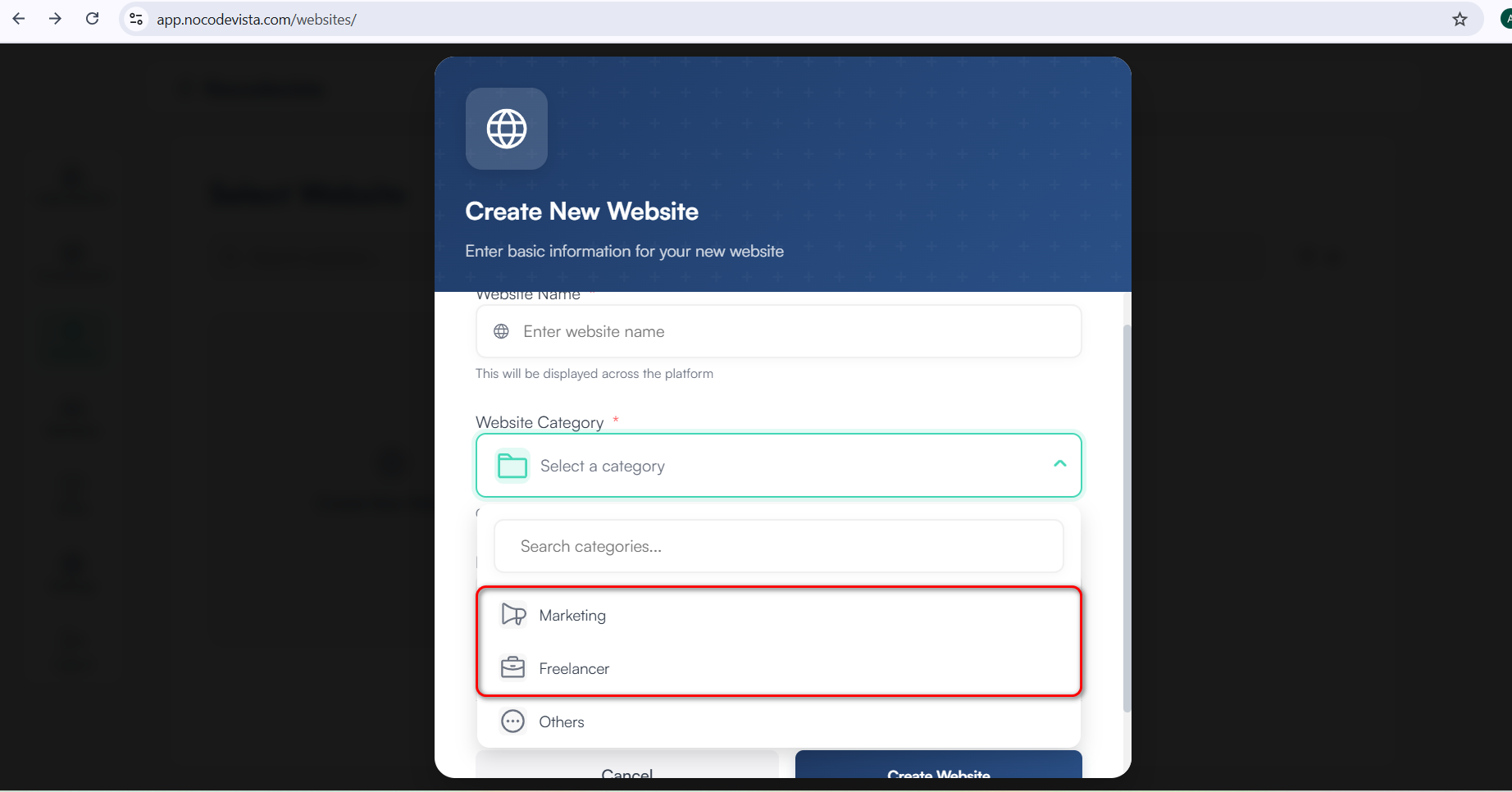 Selecting Freelancer or Marketing category for website creation
