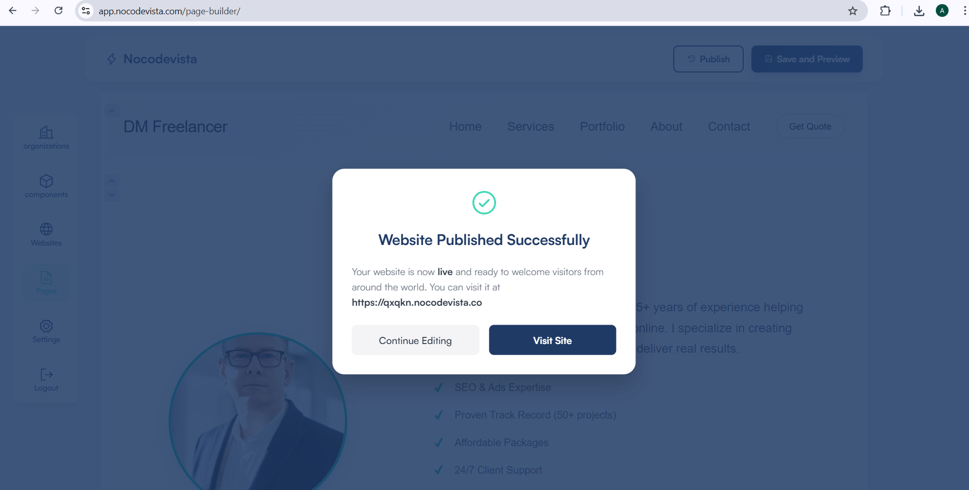 Website Published Successfully Modal