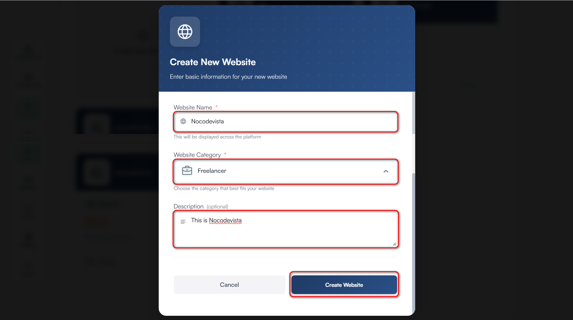 Website creation modal showing form to input website details